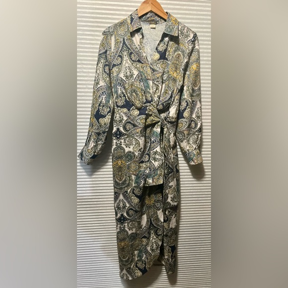 Magaschoni Dresses & Skirts - MAGASCHONI Oceanic Paisley 100% Linen Wrap Maxi Party Dress Size 6 Long Sleeve